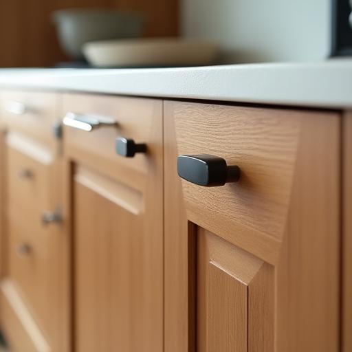 Détail d'une armoire de cuisine sur mesure en bois avec poignées fines
