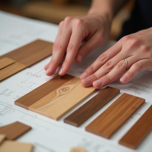 Mains inspectant des échantillons de bois durables pour un projet