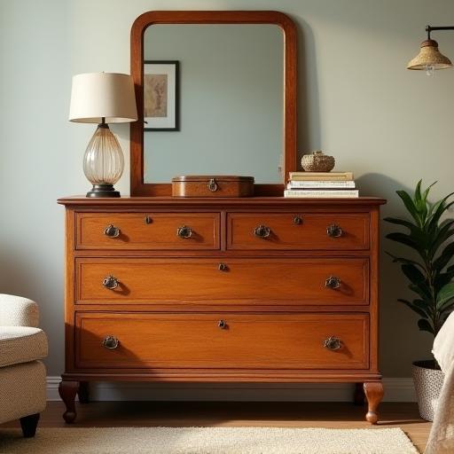 Commode ancienne restaurée avec une finition ravivée dans une chambre