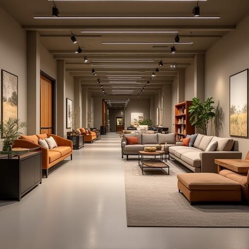 Vue complète de l'intérieur du showroom de Créations Maison avec plusieurs meubles