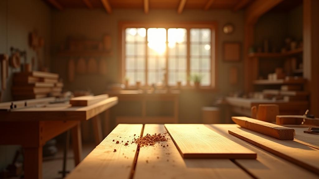 Image de fond d'un atelier d'ébénisterie lumineux avec un focus sur les détails du bois