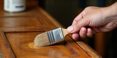 Main appliquant une finition sur un meuble ancien en bois